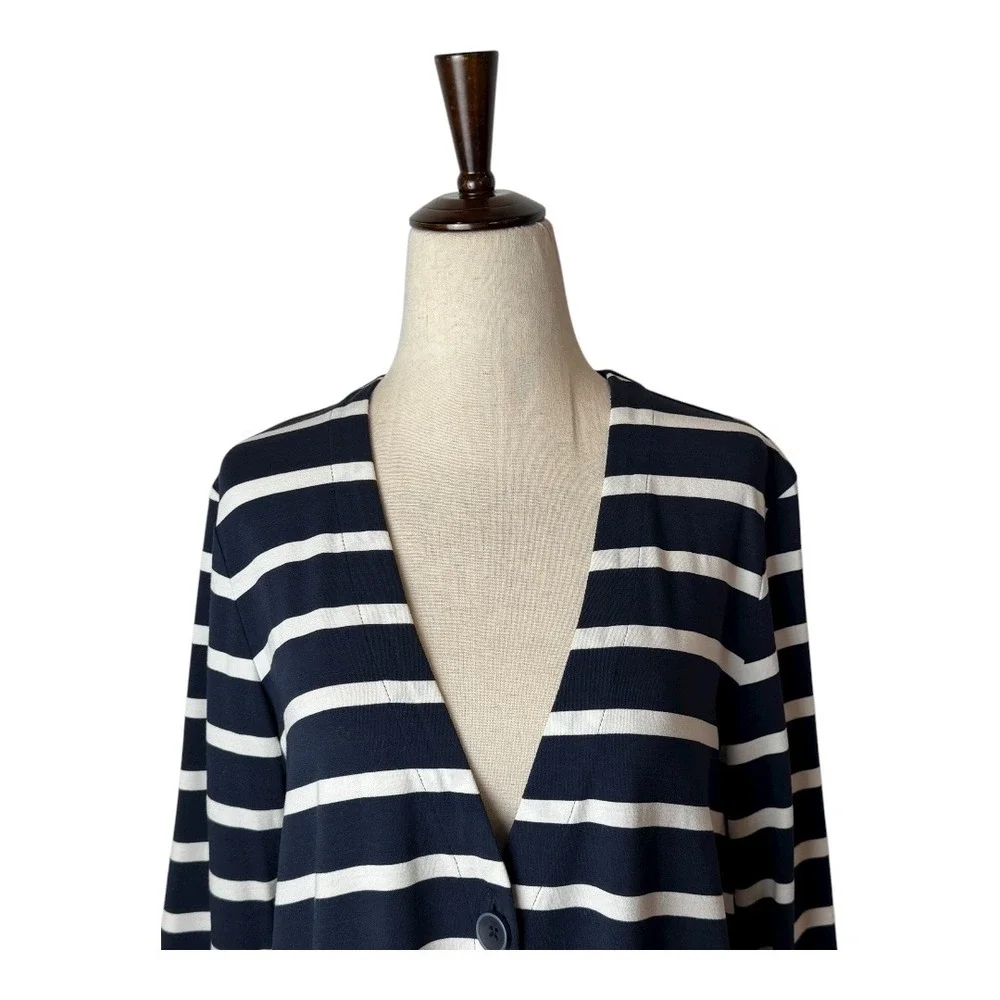 J Jill Jacket Women Small Navy Blue White Striped Jersey Knit‎ One Button Preppy